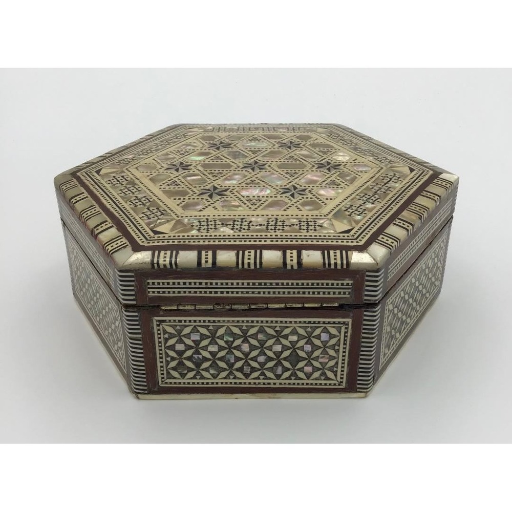 Vintage Marquetry Inlay Jewelry Box Mother of Pearl Wood Mosaic Star 6in - Picture 7 of 10